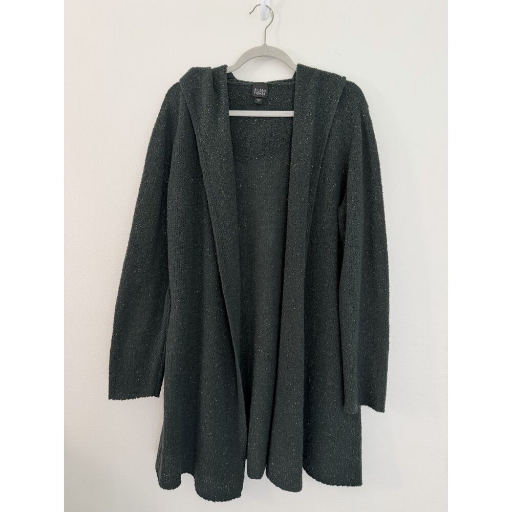Eileen Fisher Wool Silk Long Cardigan Sz L Open Front Speckled Hooded Minimalist - Picture 2 of 10